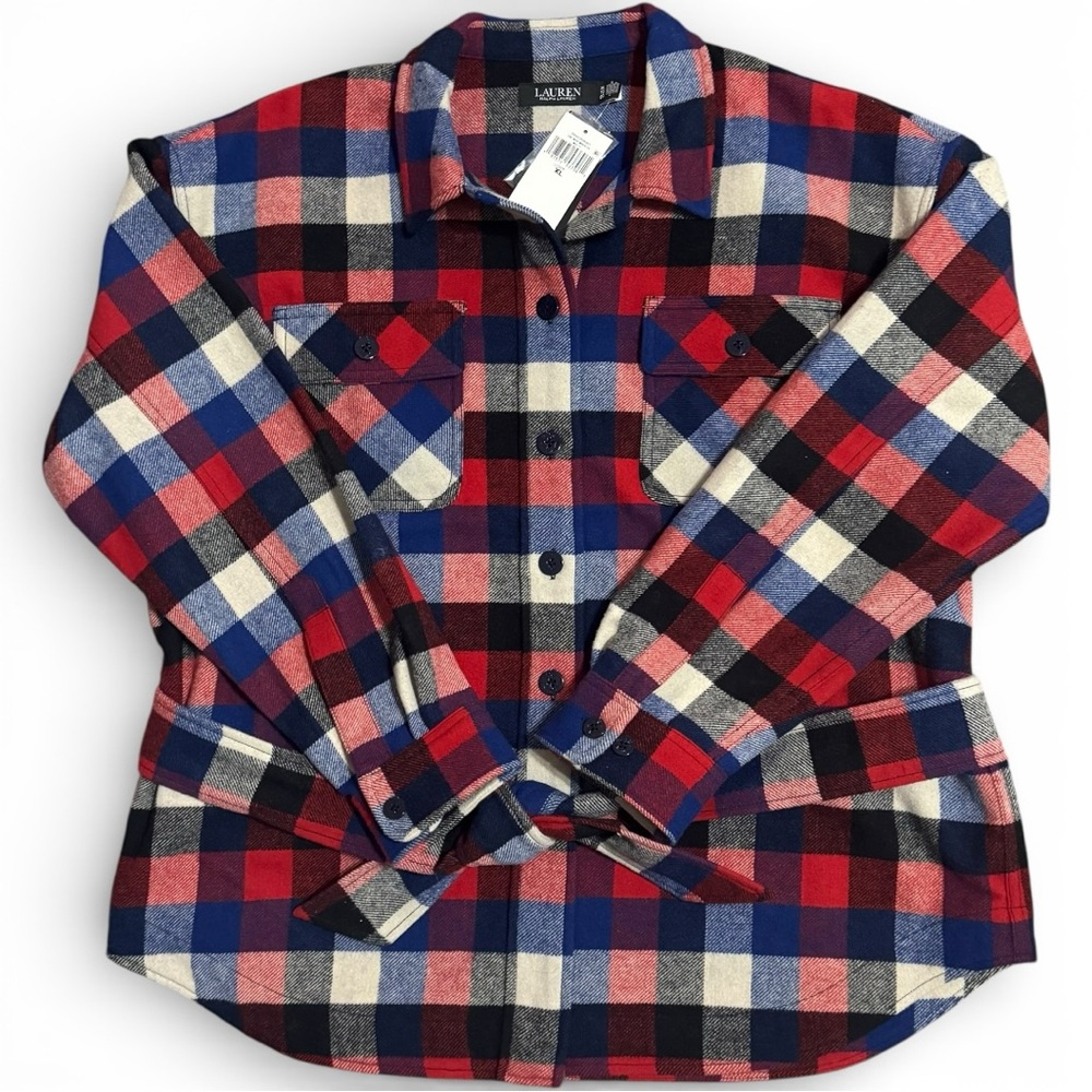 Lauren Ralph Lauren Plaid Wool Blend Shirt Jacket Red Blue Cabincore NWT XL - Picture 2 of 7
